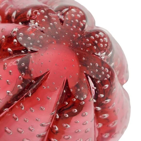 Small Murano Cranberry Art Glass Bowl Controlled Bubble Handle Dish Vintage Red - Picture 13 of 15